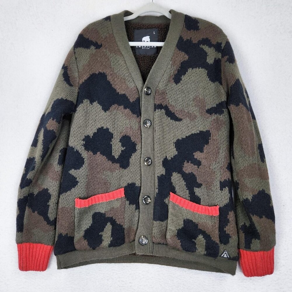 American Stitch Sweater Mens Large Green Camo Sherpa Lined Button Front Cardigan
